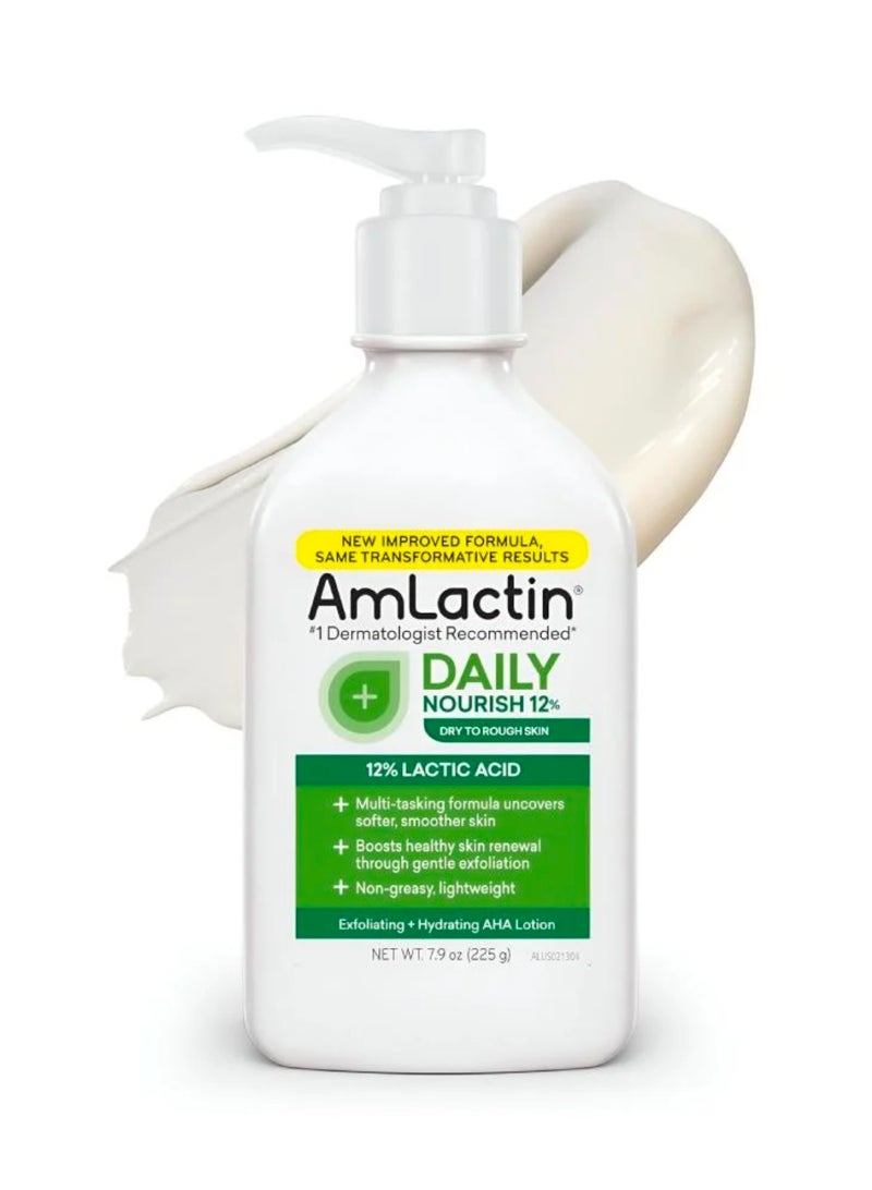 Amlactin Daily Moisturizing Lotion for Dry Skin, 7.9 oz (225g) – 2-in-1 Exfoliating Body Lotion with 12% Lactic Acid