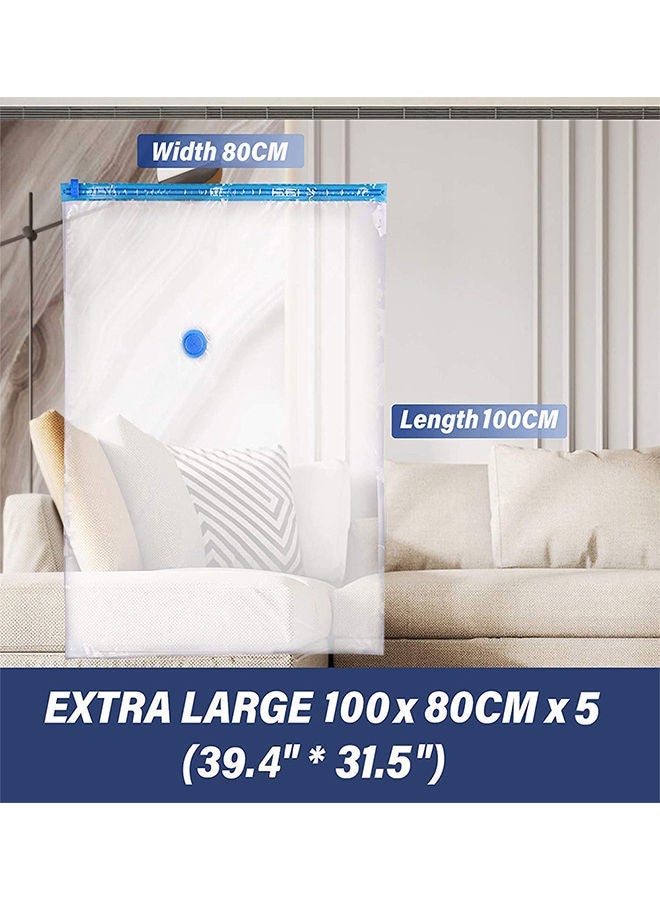 5-Pack Reusable Vacuum Storage Bags With Travel Hand Pump White/Blue 100x80cm - Image 2