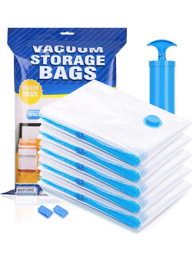 5-Pack Reusable Vacuum Storage Bags With Travel Hand Pump White/Blue 100x80cm - Image 1