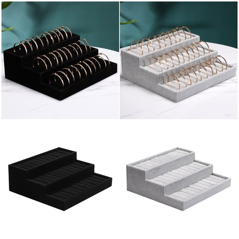 منظم مجوهرات مخمل أسود 3 طوابق شبه منحرف عرض للقلادات والخواتم - Image 3