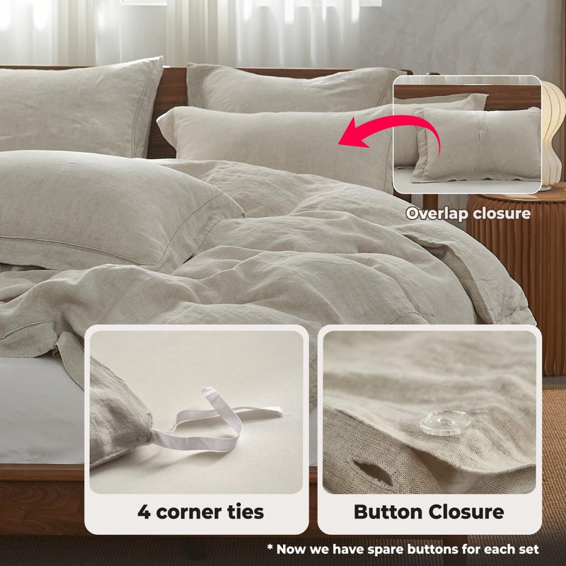 Simple&Opulence مجموعة أغطية لحاف من الكتان المغسول 100% من Simple&Opulence مع تطريز، 3 قطع مجموعة وسائد ناعمة مع إغلاق بأزرار، 1 غطاء لحاف و 2 غطاء وسادة (ملكي، كتان طبيعي) - Image 4