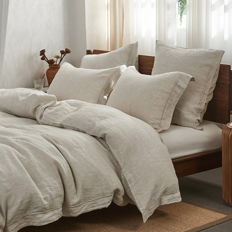 Simple&Opulence مجموعة أغطية لحاف من الكتان المغسول 100% من Simple&Opulence مع تطريز، 3 قطع مجموعة وسائد ناعمة مع إغلاق بأزرار، 1 غطاء لحاف و 2 غطاء وسادة (ملكي، كتان طبيعي) - Image 1