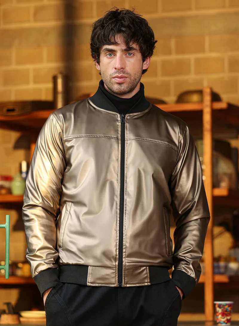 Campus Sutra Men Patent-Panel Bomber Jacket | ,   |  ,  Hem |  Coated | Woven Fabric For  Wear | Antique Bronze