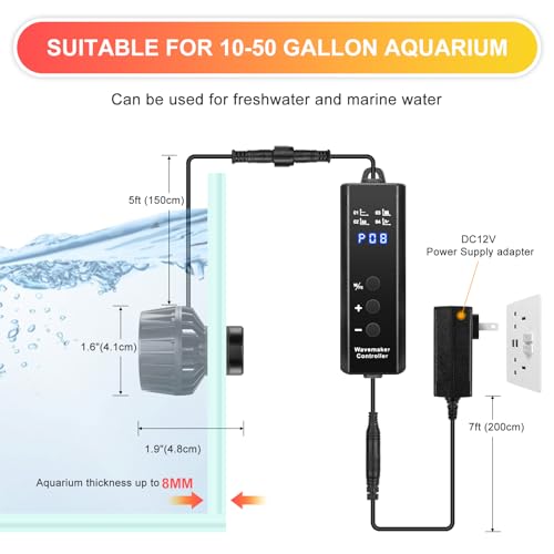JEREPET 1050GPH Aquarium Wave Maker with Controller Mini DC12V 6W Powerhead with Magnetic Mounting, Nano Wavemaker for 10 to 50 Gallon thickness up to 8mm(1/4") Tank, - Image 2