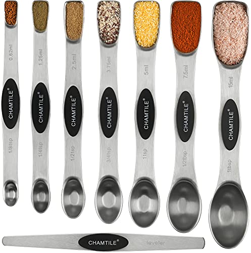 CHAMTILE Magnetic Measuring Spoons Set Dual Sided Stackable Stainless Steel Long Handle Teaspoon Measuring Spoons for Measuring Dry and Liquid Ingredients Fits in Spice Jars, Set of 8 - Image 1