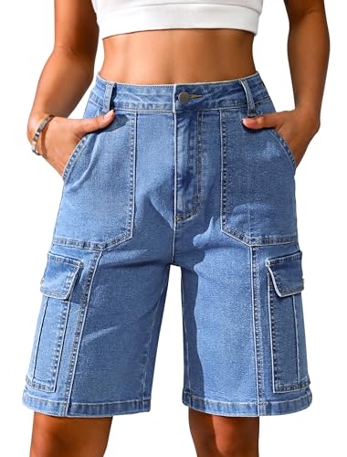 Eddoyee Bermuda Cargo Jorts for Women Denim Jean Shorts Casual Long Knee Length High Waisted Stretch Wide Leg Relaxed Fit(Blue Jean, X-Large) - Image 1