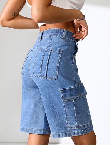 Eddoyee Bermuda Cargo Jorts for Women Denim Jean Shorts Casual Long Knee Length High Waisted Stretch Wide Leg Relaxed Fit(Blue Jean, X-Large) - Image 2