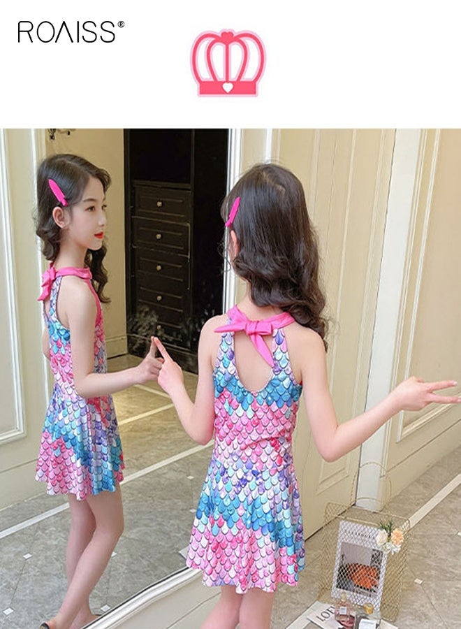 roaiss Girls 2PCS Tankini Swimsuit, Floral Halter-neck Swimming Dress with Elastic Waist Shorts, Stylish Summer Bathing Suit, Beach Rash Guard Swimwear  - Image 5