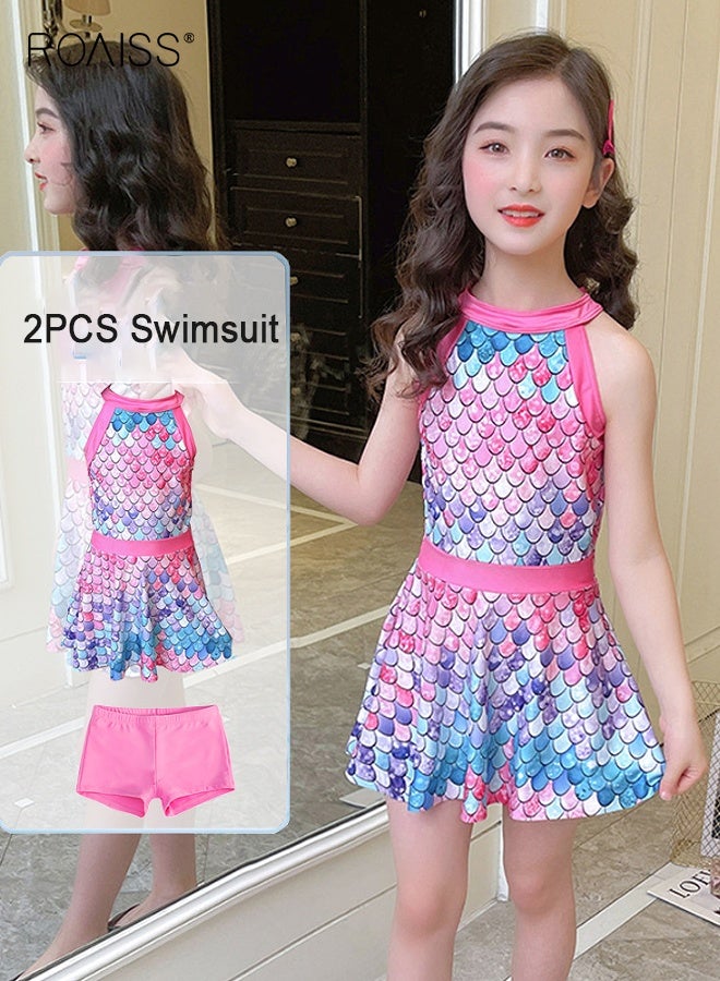 roaiss Girls 2PCS Tankini Swimsuit, Floral Halter-neck Swimming Dress with Elastic Waist Shorts, Stylish Summer Bathing Suit, Beach Rash Guard Swimwear  - Image 1