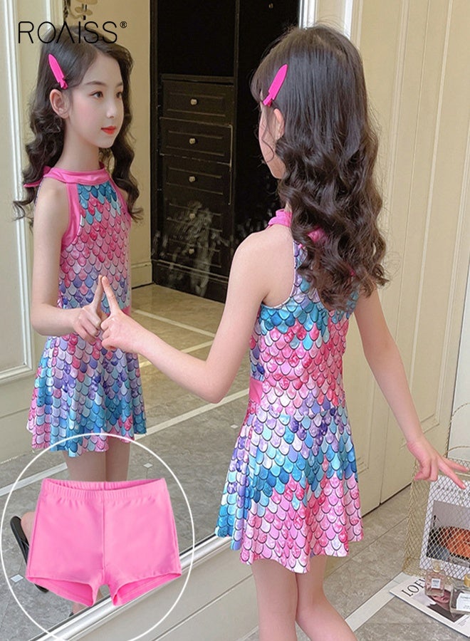 roaiss Girls 2PCS Tankini Swimsuit, Floral Halter-neck Swimming Dress with Elastic Waist Shorts, Stylish Summer Bathing Suit, Beach Rash Guard Swimwear  - Image 4