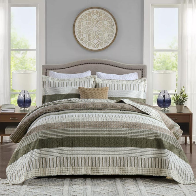 KING SIZE QUILT SET STRIPED REVERSIBLE LIGHTWEIGHT QUILT BEDSPREAD SET FOR ALL SEASON GREENBROWNCREAM 3PIECE