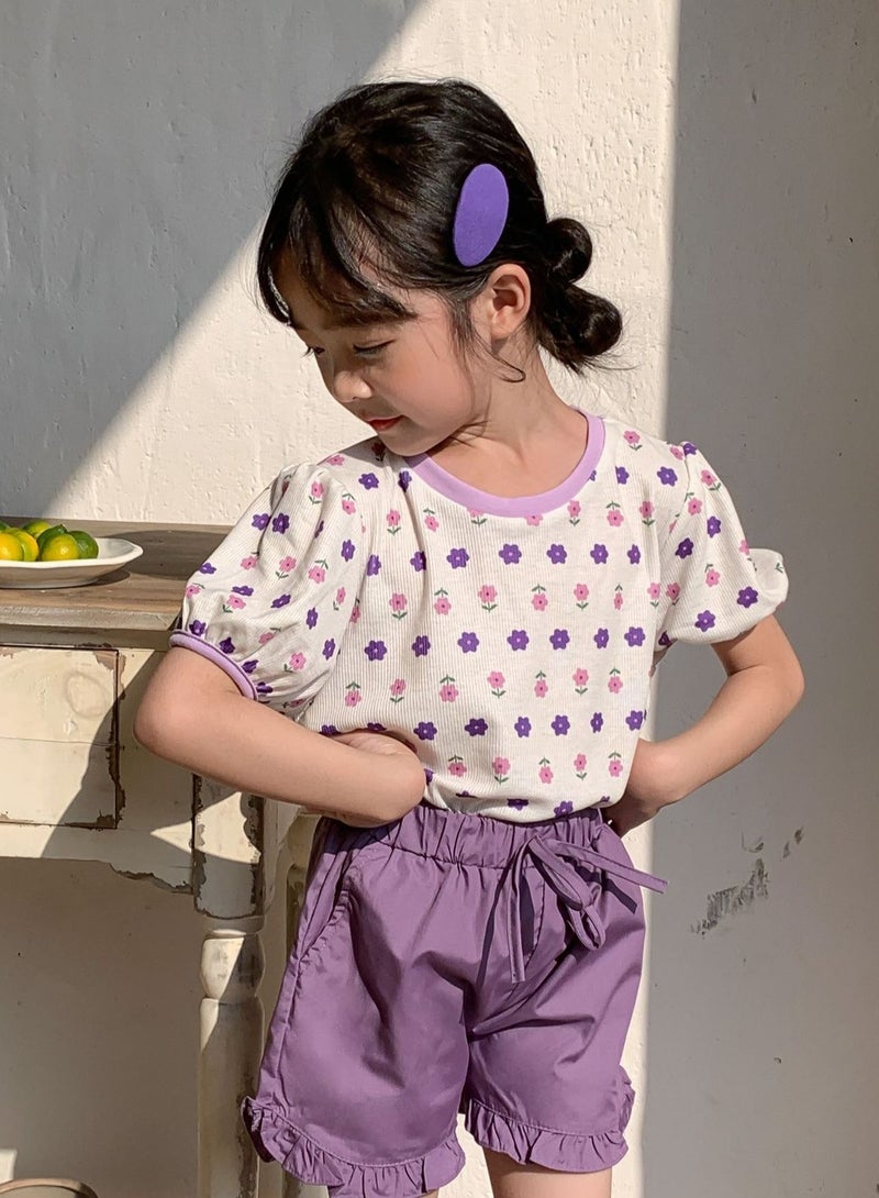 Loquat Girl's Lantern Sleeve Crew Neck T-Shirt Printed Cotton Puff Sleeve Tees  - Image 1
