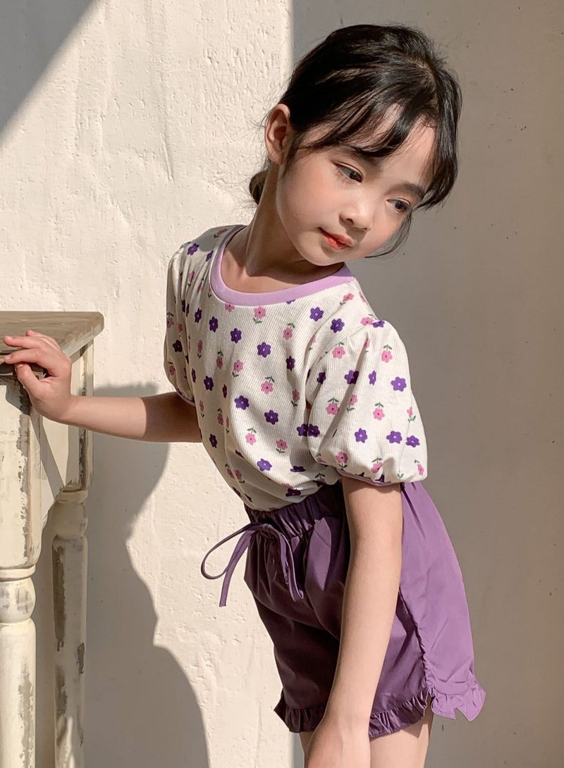 Loquat Girl's Lantern Sleeve Crew Neck T-Shirt Printed Cotton Puff Sleeve Tees  - Image 2