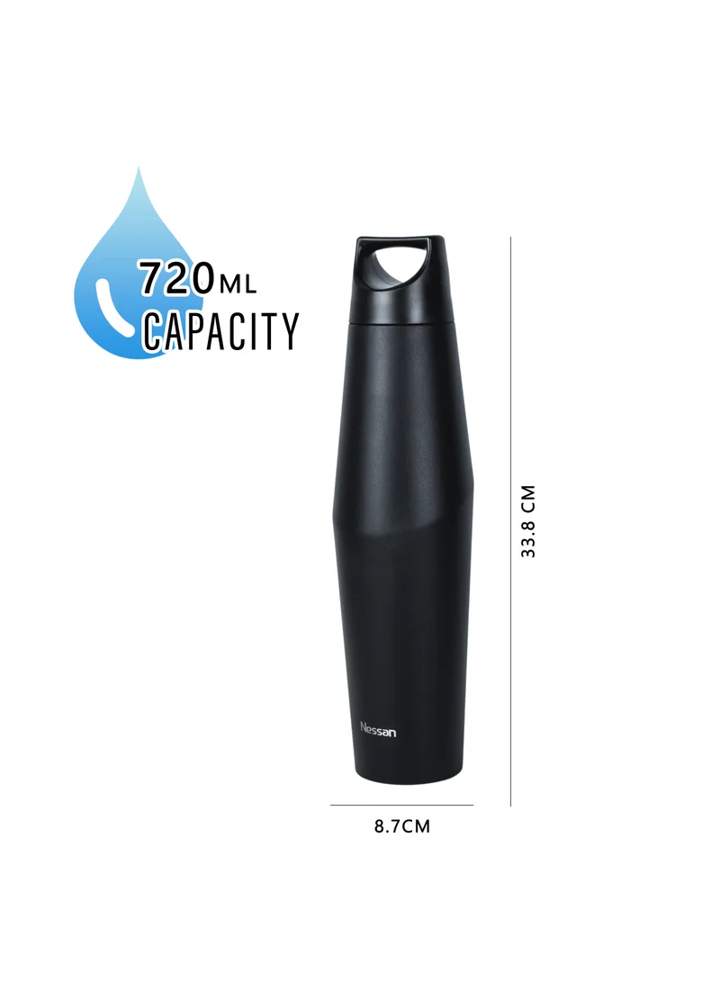 Nessan Nessan Double Wall Stainless Steel Vacuum Insulated Travel Flask Bottle for Water, Iced Tea or Hot Coffee, Smoothie and More (Black, 720ml)