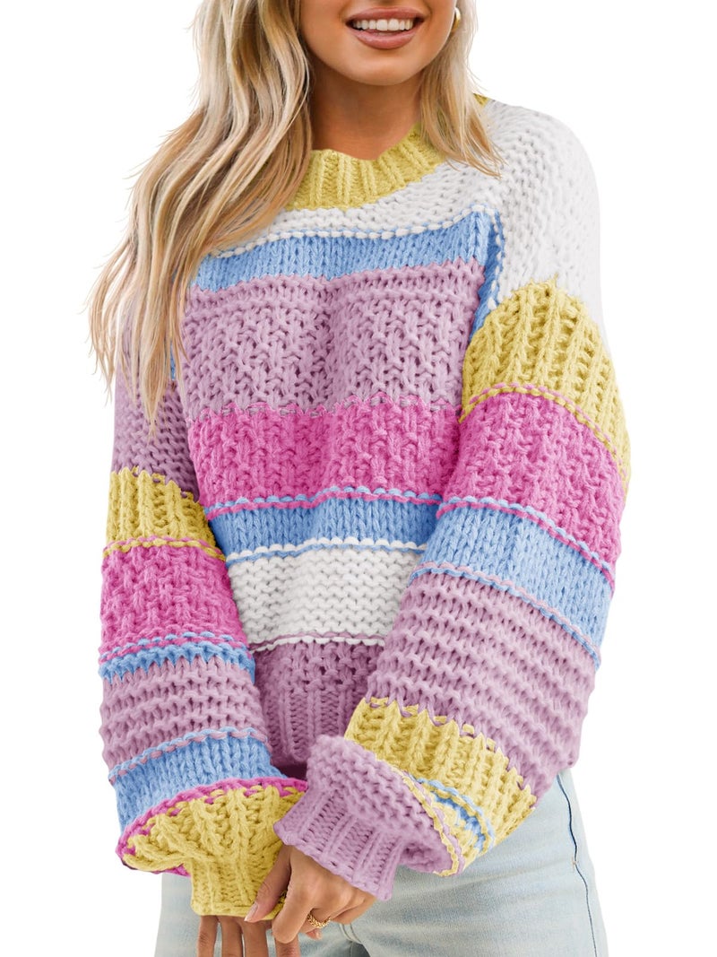 Saodimallsu Womens Color Block Sweater Striped Chunky Knit Cropped Sweaters Crewneck Fall Long Sleeve Loose Pullover Tops Pink - Image 1