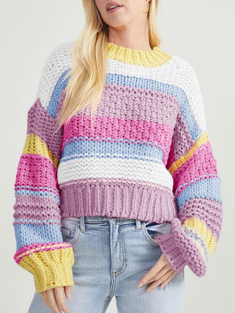 Saodimallsu Womens Color Block Sweater Striped Chunky Knit Cropped Sweaters Crewneck Fall Long Sleeve Loose Pullover Tops Pink - Image 2