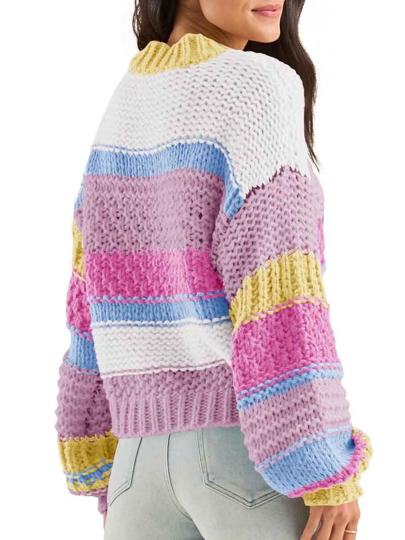 Saodimallsu Womens Color Block Sweater Striped Chunky Knit Cropped Sweaters Crewneck Fall Long Sleeve Loose Pullover Tops Pink - Image 3