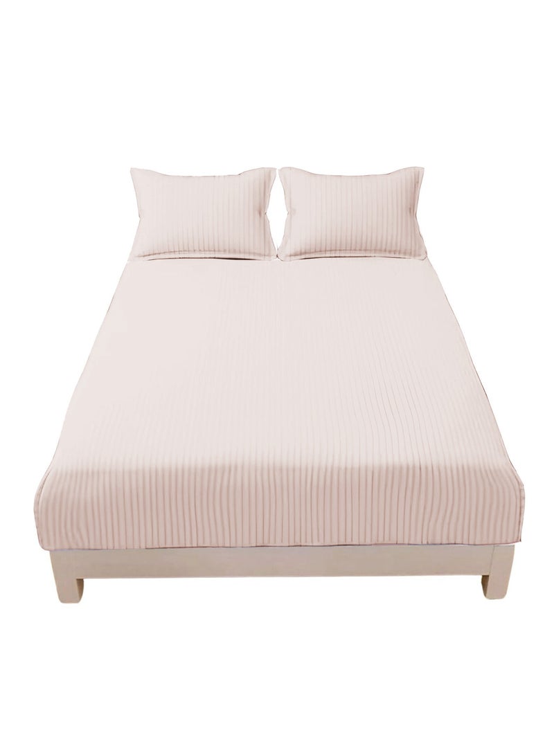 المنزل الذكي هوم سمارت ملاءة سرير مخططة من القطن مع غطاء وسادة، لون عاجي - Image 1