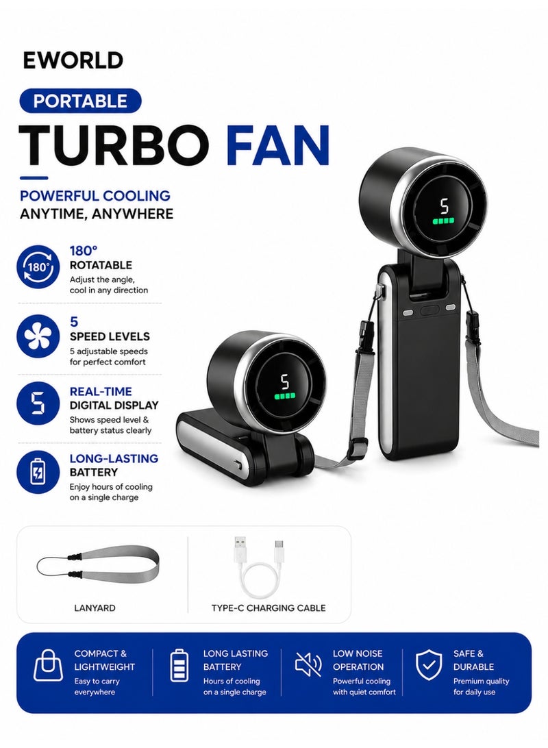 Eworld Portable Turbo Handheld Fan Rechargeable USB Type-C Foldable Mini Cooling Fan with Digital Display, 5 Speed Levels, Pocket Personal Fan for Travel Office Camping Outdoor Car (Assorted Color) - Image 1