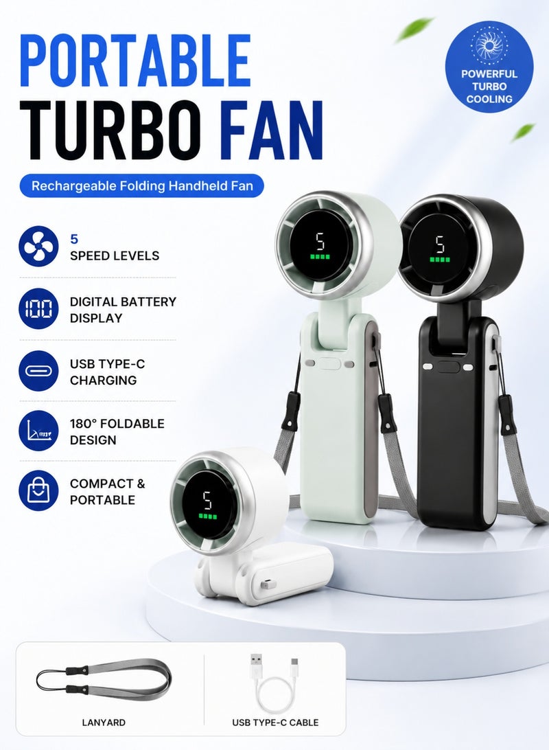 Eworld Portable Turbo Handheld Fan Rechargeable USB Type-C Foldable Mini Cooling Fan with Digital Display, 5 Speed Levels, Pocket Personal Fan for Travel Office Camping Outdoor Car (Assorted Color) - Image 2
