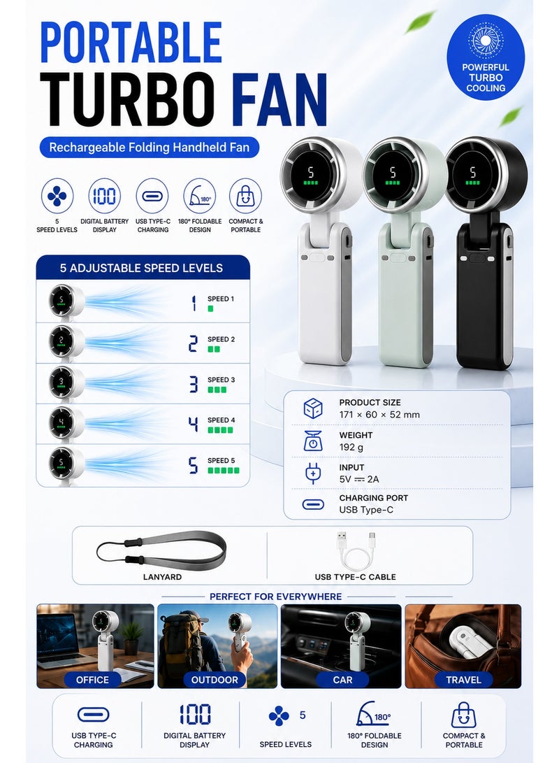 Eworld Portable Turbo Handheld Fan Rechargeable USB Type-C Foldable Mini Cooling Fan with Digital Display, 5 Speed Levels, Pocket Personal Fan for Travel Office Camping Outdoor Car (Assorted Color) - Image 3