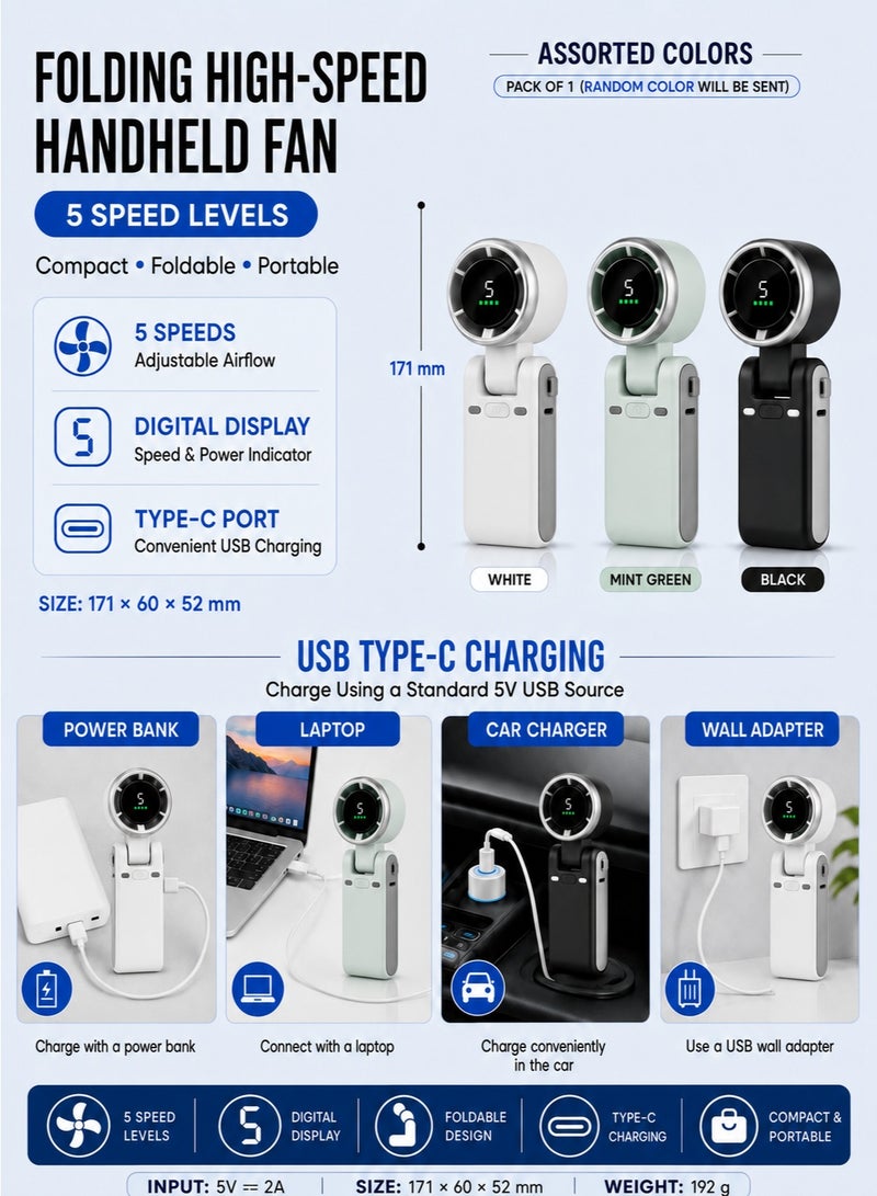 Eworld Portable Turbo Handheld Fan Rechargeable USB Type-C Foldable Mini Cooling Fan with Digital Display, 5 Speed Levels, Pocket Personal Fan for Travel Office Camping Outdoor Car (Assorted Color) - Image 5