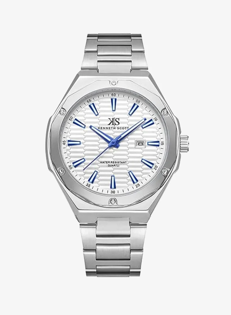KENNETH SCOTT Men SL28D Movement Watch, Analog Display and Stainless Steel Strap - K23026-SBSW, Silver