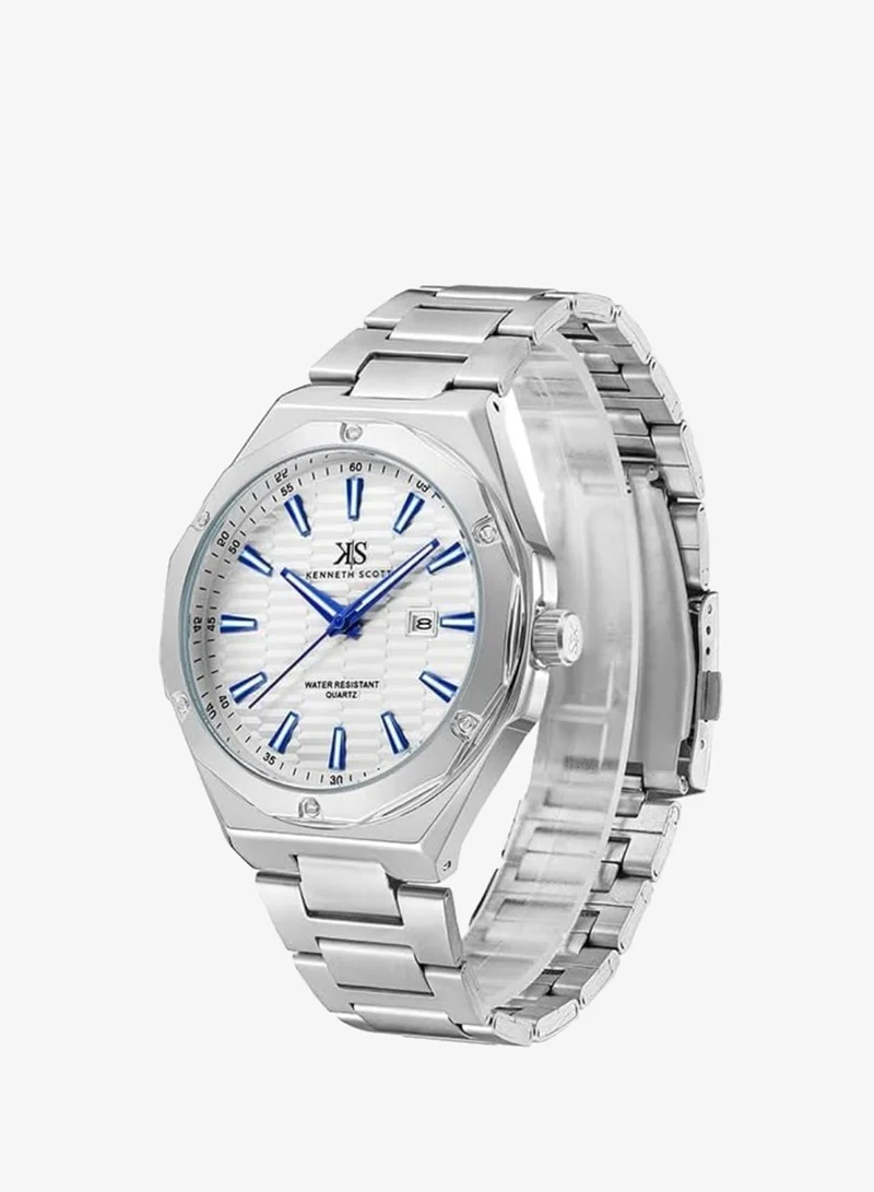 KENNETH SCOTT Men SL28D Movement Watch, Analog Display and Stainless Steel Strap - K23026-SBSW, Silver