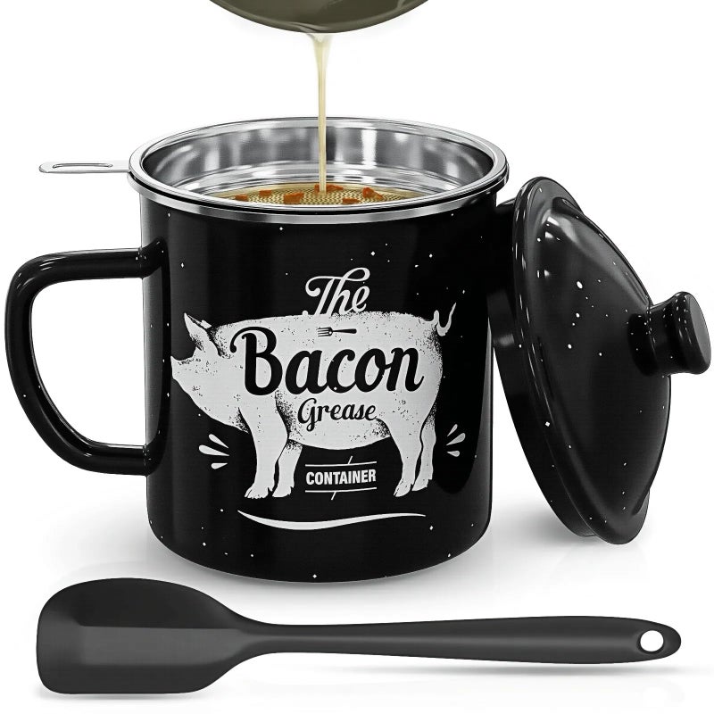 PGYARD Bacon Grease Container With Strainer, 46OZ Large Enamel Grease Container, With Silicone Spatula, Farmhouse Bacon Grease Keeper, Cooking Oil Container For Kitchen Fat Storage, Dishwasher Safe-Black - Image 1