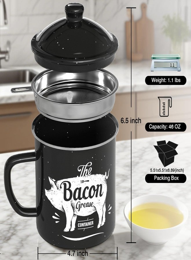 PGYARD Bacon Grease Container With Strainer, 46OZ Large Enamel Grease Container, With Silicone Spatula, Farmhouse Bacon Grease Keeper, Cooking Oil Container For Kitchen Fat Storage, Dishwasher Safe-Black - Image 2