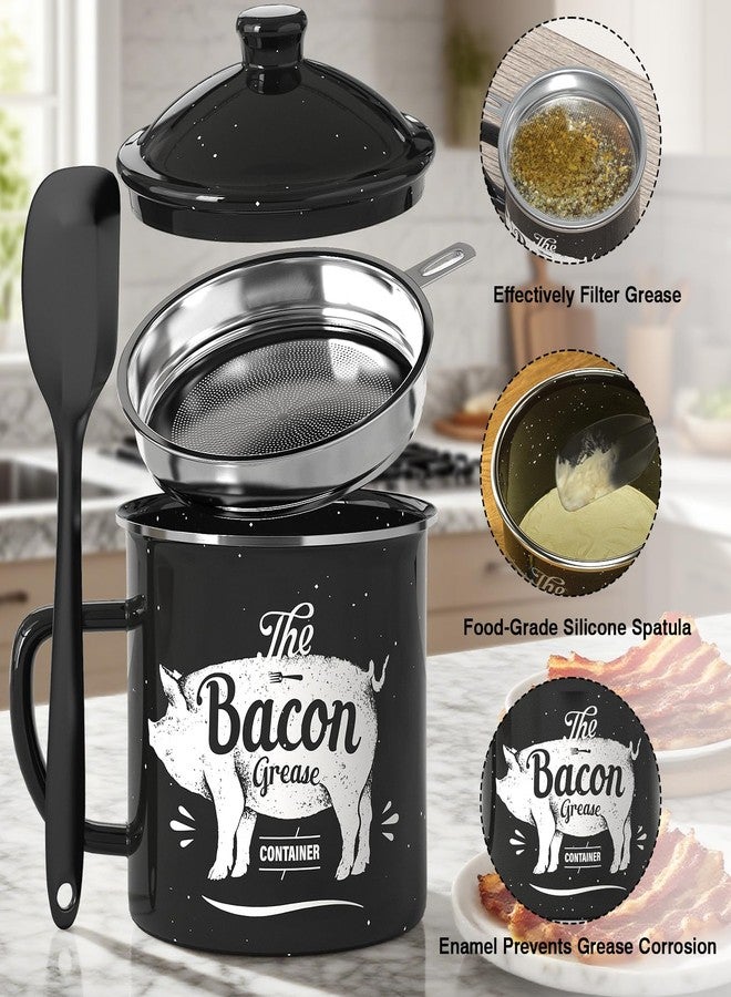 PGYARD Bacon Grease Container With Strainer, 46OZ Large Enamel Grease Container, With Silicone Spatula, Farmhouse Bacon Grease Keeper, Cooking Oil Container For Kitchen Fat Storage, Dishwasher Safe-Black - Image 4