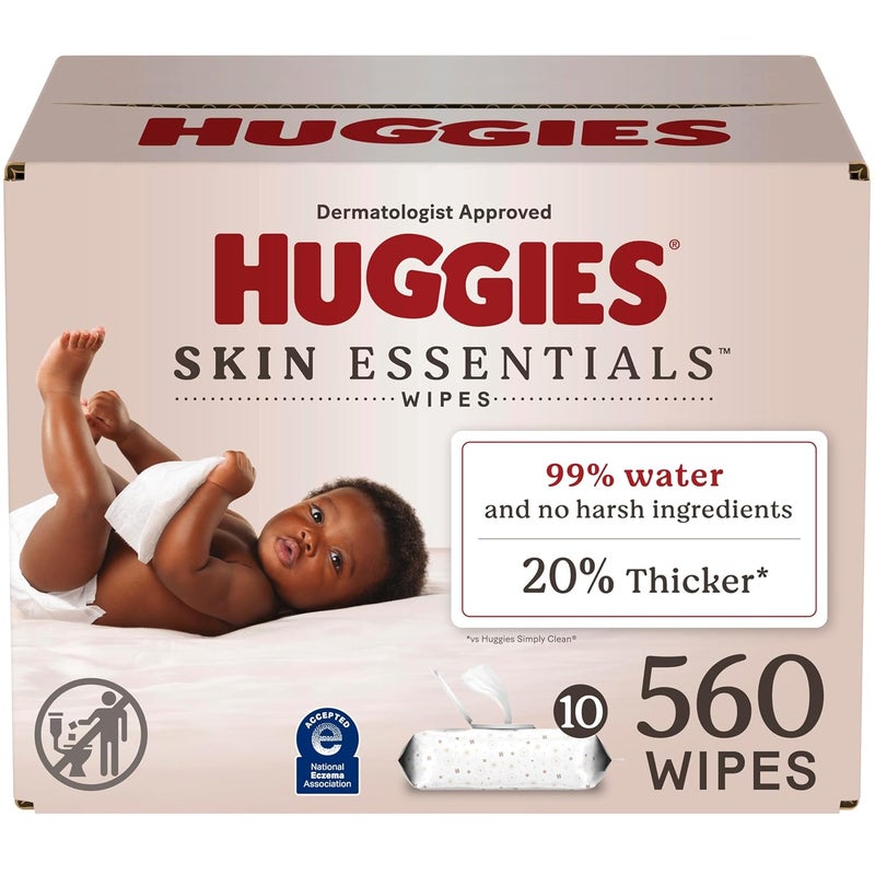 Huggies Skin Essentials Baby Wipes Hypoallergenic 99 Water 10 Flip Top Packs 560 Wipes Total - Image 1
