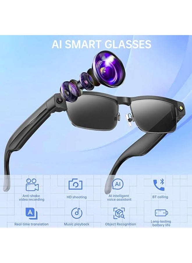 نظارات ذكية تعمل بالذكاء الاصطناعي مع كاميرا بدقة 8 ميجابكسل، مدعومة بتقنية ChatGPT، ونظارات شمسية بكاميرا، ونظارات بلوتوث للرجال مع الترجمة وصوت مفتوح للموسيقى والمكالمات، وميكروفون مزدوج لعزل الضوضاء – إطار معدني أسود + عدسات شمسية سوداء - Image 1