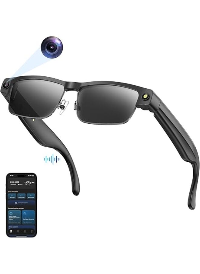 نظارات ذكية تعمل بالذكاء الاصطناعي مع كاميرا بدقة 8 ميجابكسل، مدعومة بتقنية ChatGPT، ونظارات شمسية بكاميرا، ونظارات بلوتوث للرجال مع الترجمة وصوت مفتوح للموسيقى والمكالمات، وميكروفون مزدوج لعزل الضوضاء – إطار معدني أسود + عدسات شمسية سوداء - Image 5