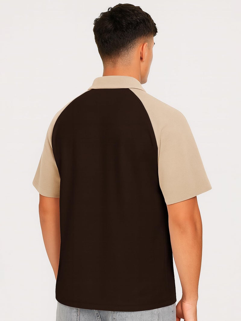 Jump Cuts Mens Printed Polo Neck Raglan Half Sleeve Brown Cotton Blend T-Shirt - Image 3