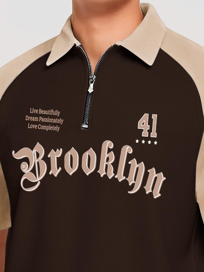 Jump Cuts Mens Printed Polo Neck Raglan Half Sleeve Brown Cotton Blend T-Shirt - Image 4