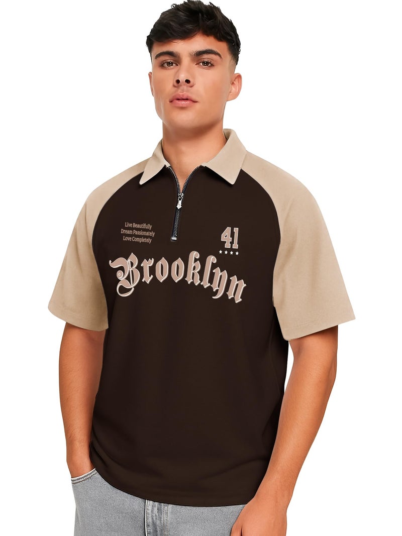 Jump Cuts Mens Printed Polo Neck Raglan Half Sleeve Brown Cotton Blend T-Shirt - Image 1