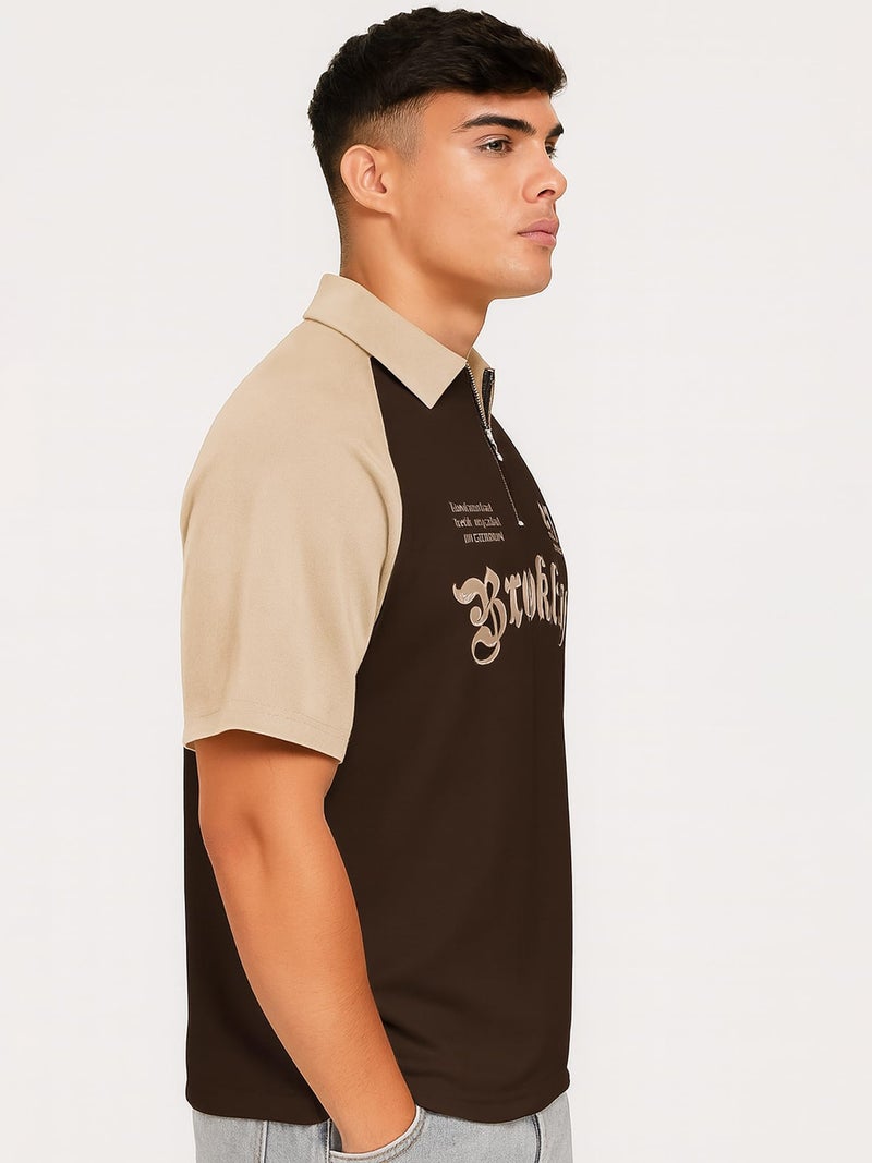 Jump Cuts Mens Printed Polo Neck Raglan Half Sleeve Brown Cotton Blend T-Shirt - Image 2