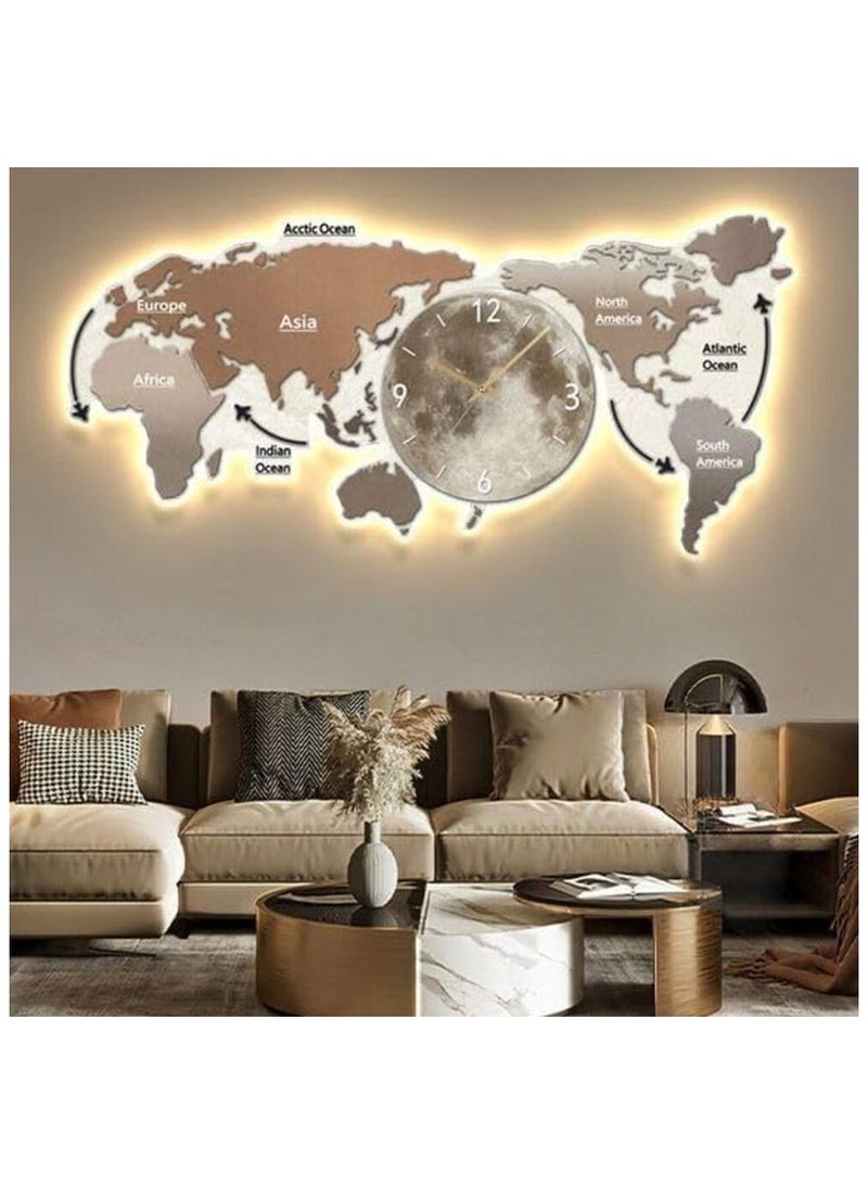 أيه دابليو دي ساعة حائط إبداعية على شكل خريطة العالم مع ضوء LED، لوحة فنية جدارية ثلاثية الأبعاد مزخرفة، ساعة حائط صامتة تناظرية لغرفة المعيشة وديكور المكتب المنزلي. - Image 1