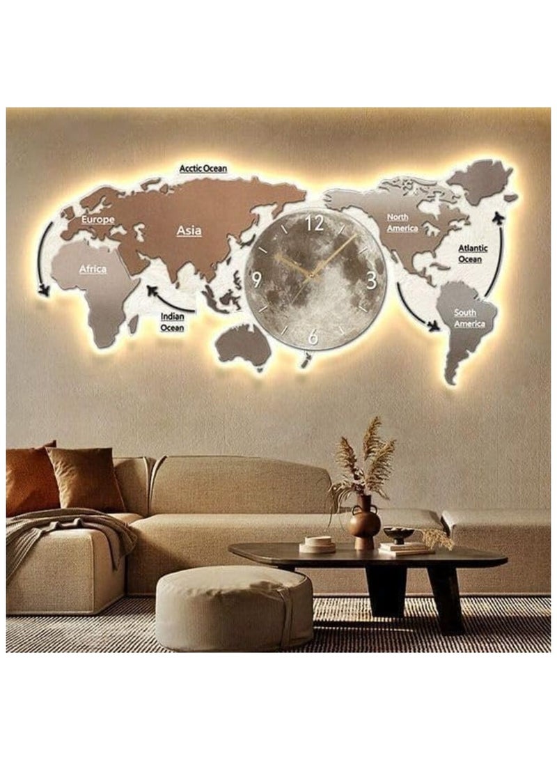 أيه دابليو دي ساعة حائط إبداعية على شكل خريطة العالم مع ضوء LED، لوحة فنية جدارية ثلاثية الأبعاد مزخرفة، ساعة حائط صامتة تناظرية لغرفة المعيشة وديكور المكتب المنزلي. - Image 2