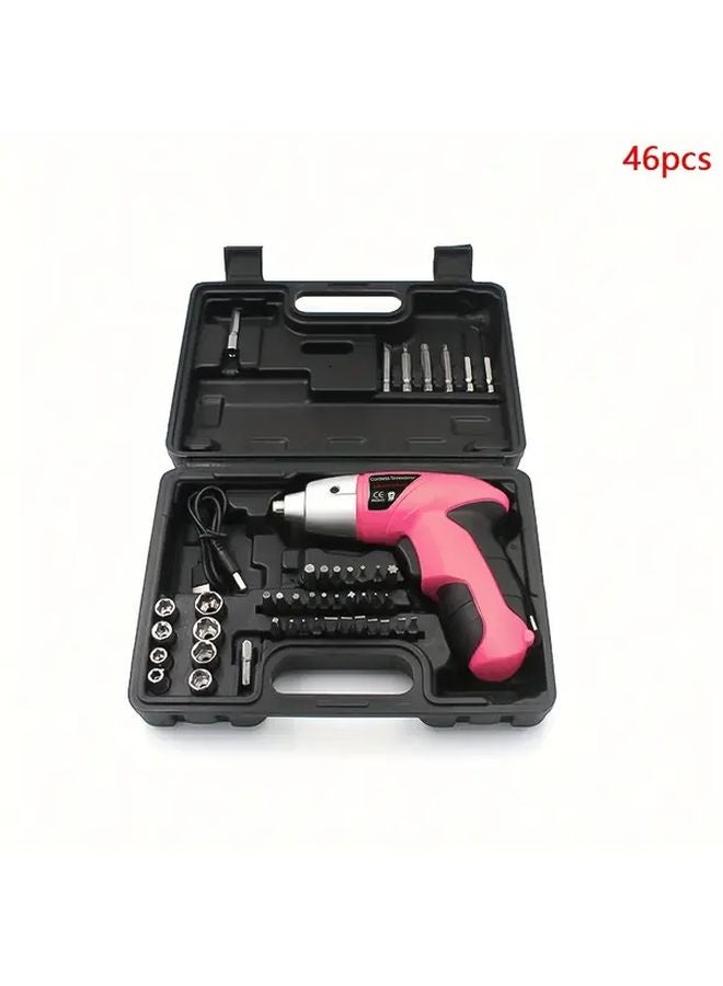 Pink 46pcs Rechargeable Electric Screwdriver Set Multifunctional Handheld Drill For Home DIY - Image 1