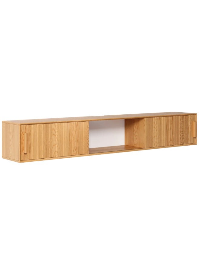 Space Embrace 70.9" Floating Wood Fluted TV Stand with Storage Natural Brown - Image 4