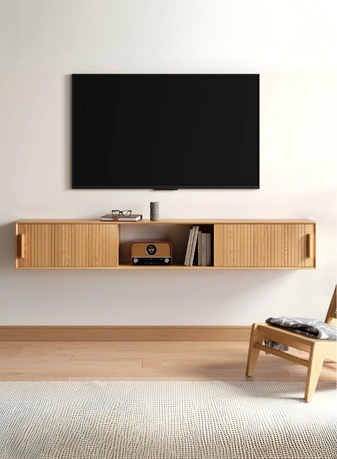 Space Embrace 70.9" Floating Wood Fluted TV Stand with Storage Natural Brown - Image 1