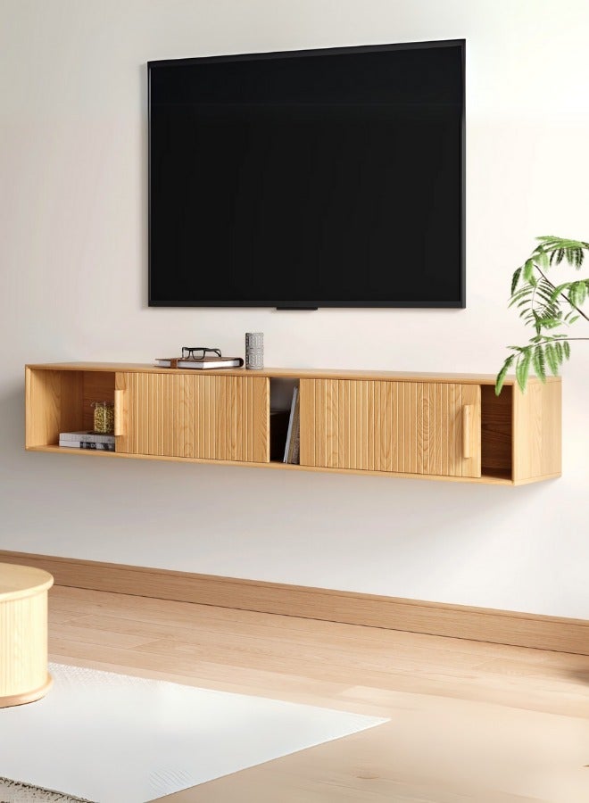 Space Embrace 70.9" Floating Wood Fluted TV Stand with Storage Natural Brown - Image 2