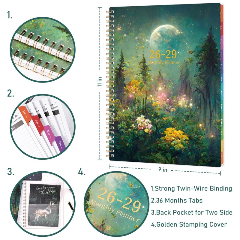 Pinchoco 2026-2029 Monthly Planner/Calendar - 3 Year Monthly Planner 2026-2029, Jul.2026 - Jun.2029, 9" x 11", 3 Year Calendar 2026-2027-2028 Monthly Planner with 36-Month Tabs, Inner Pocket - Dreaming Moonlight - Image 3