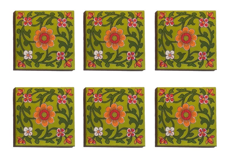 Shiv Kripa Blue Pottery Home Decor Floral Designer Wall Flooring Ceramic Tiles 4 x 4 Inch Set of 6 Tiles Green Multicolor
