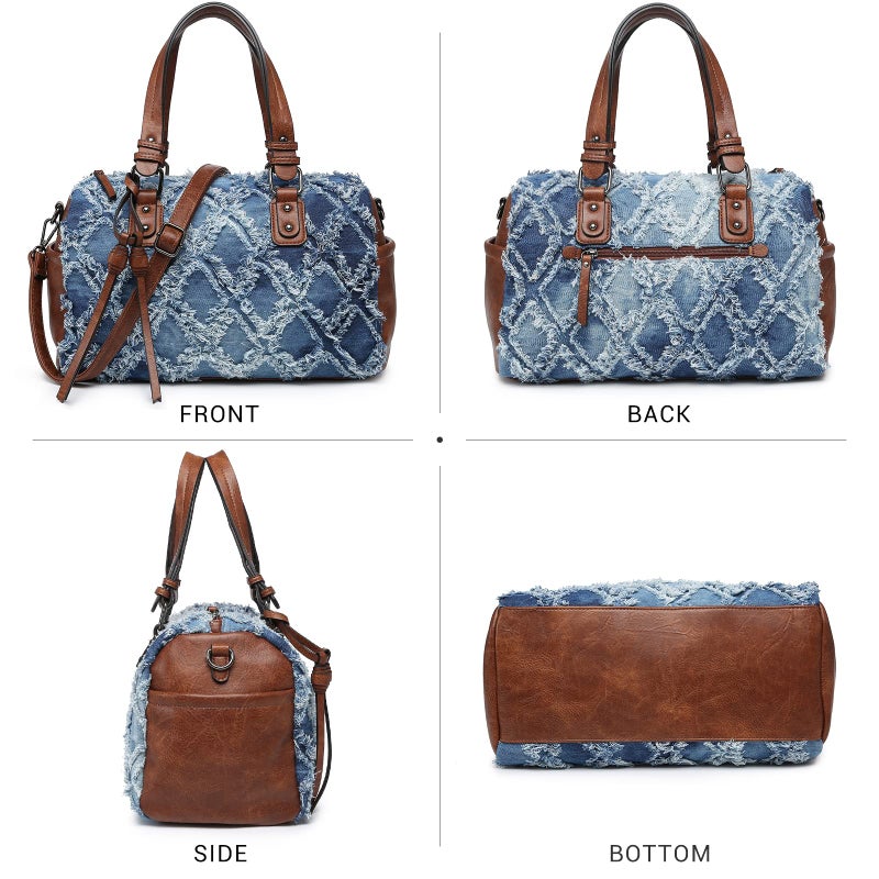 Dasein Women Soft Vegan Leather Barrel Bags Large Hobo Top Handle Work Totes Satchel Handbags Shoulder Purse (Denim blue) - Image 3