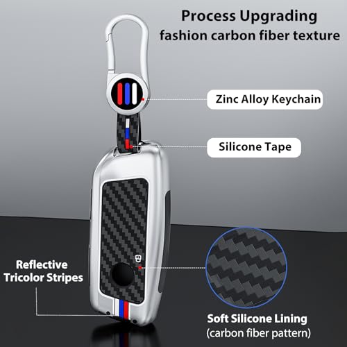 OLLEN Heavy Zinc Alloy Key Fob Cover, Fit for BMW 2023-2025~up New 5/7 Series 740i 760i X1 X2 X3 X5 X6 X7 XM IX IX3 I5 I7 etc, Full Protection Remote Fob Cover with Carbon Fiber Pattern, Silver (1 Pcs) - Image 4