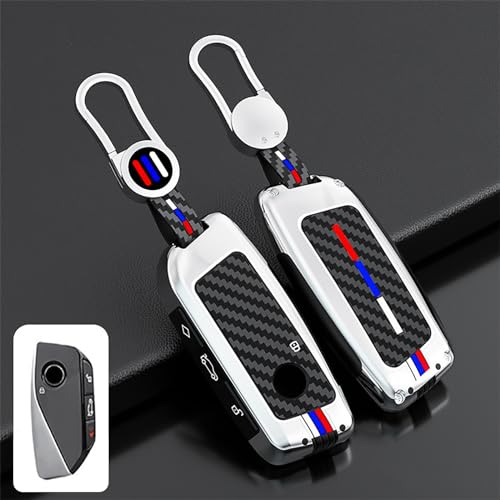 OLLEN Heavy Zinc Alloy Key Fob Cover, Fit for BMW 2023-2025~up New 5/7 Series 740i 760i X1 X2 X3 X5 X6 X7 XM IX IX3 I5 I7 etc, Full Protection Remote Fob Cover with Carbon Fiber Pattern, Silver (1 Pcs) - Image 1