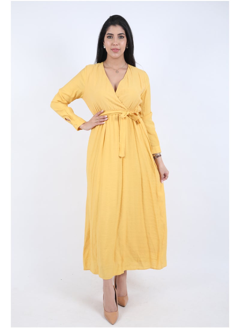 FULL JOY - Maxi Galabiya with long sleeves and a belt on the waist, yellow - Image 1